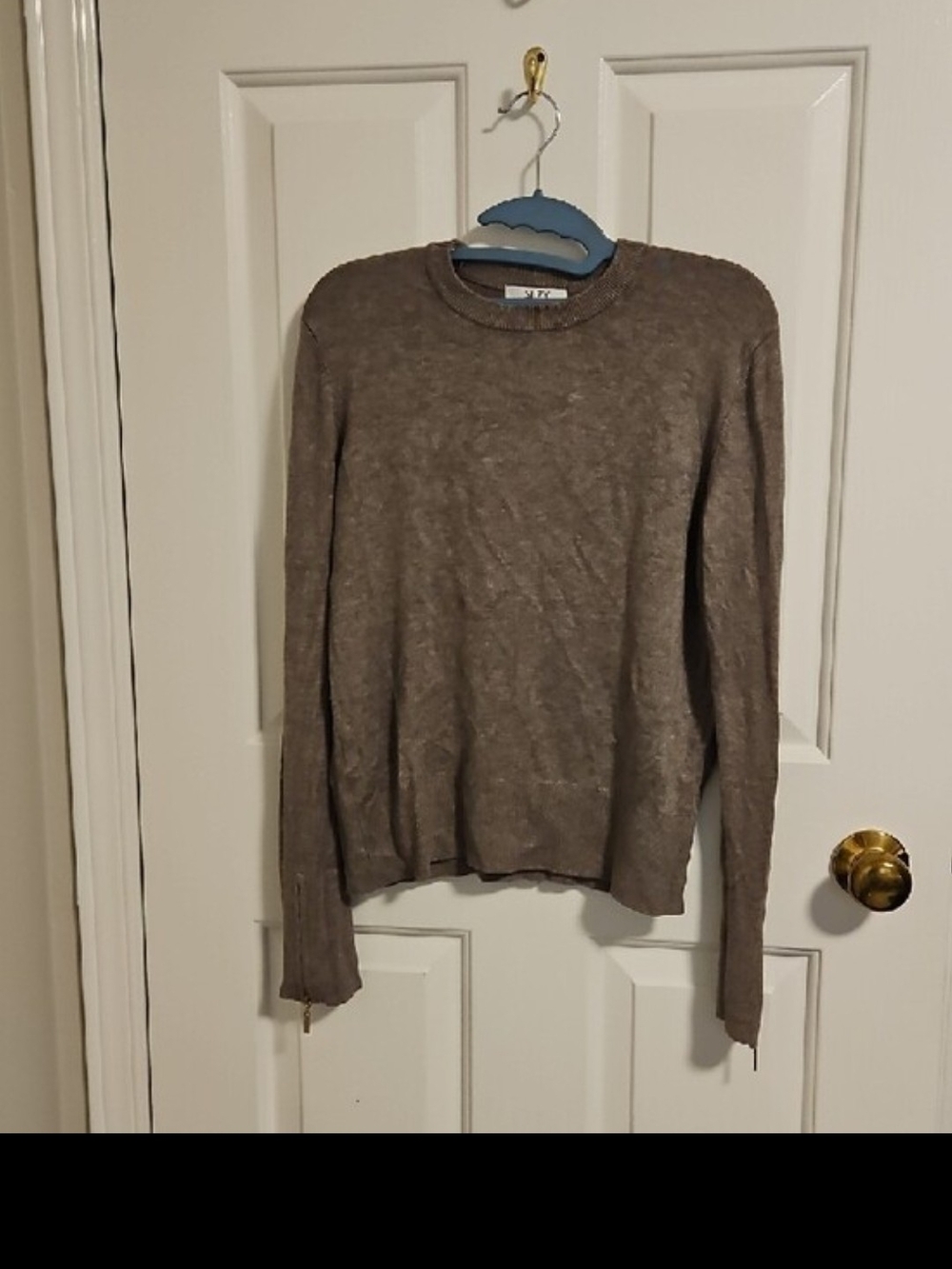 Suzy Shier Neutral Taupe Crewneck Sweater With Zippered Sleeves